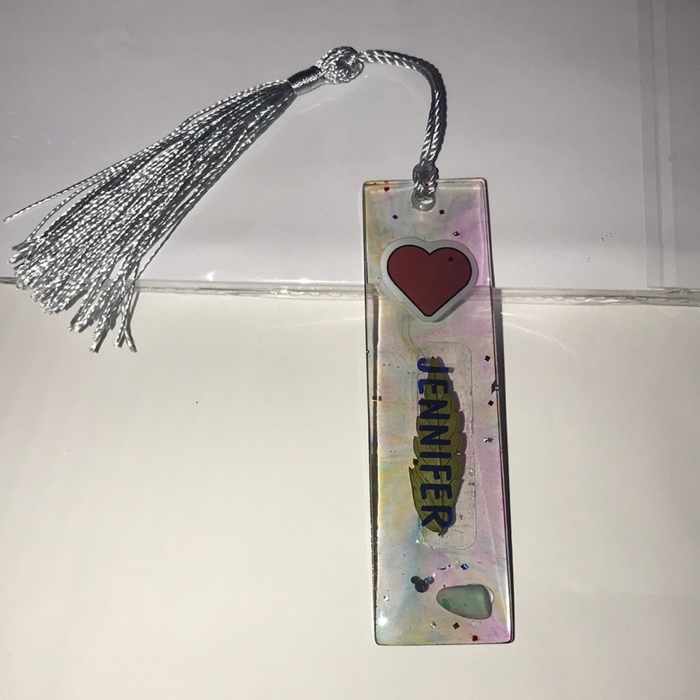 Custom epoxy JENNIFER bookmark w/ Poshmark stickers leaf & shell